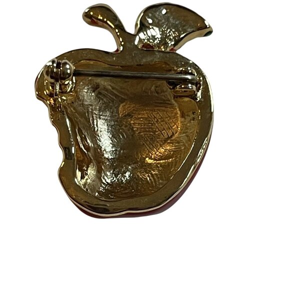 Apple Shaped Red Enamel Brooch With Rhinestone Bite - Picture 3 of 5